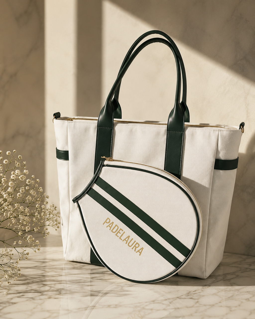 PADELAURA padel bag in ivory canvas with deep green trims and signature racket cover