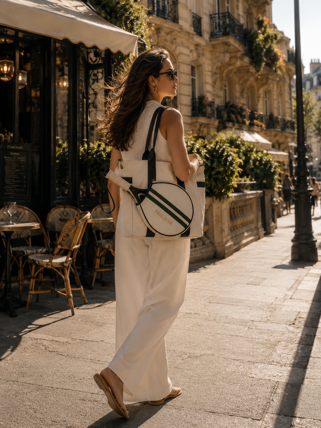 Woman carrying the PADELAURA padel tote in Paris